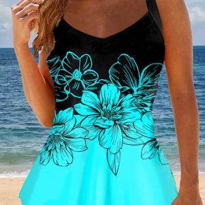Printing V Neck Floral Vacation Swim Dress, swimwear>>One-Pieces, color:Blue|size:5XL, JustFashionNow
