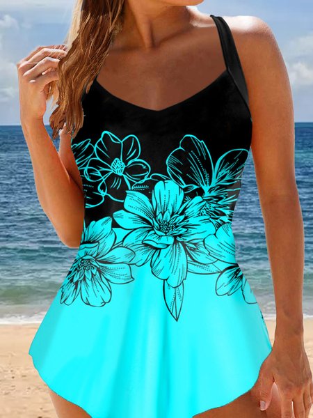 Printing V Neck Floral Vacation Swim Dress, swimwear>>One-Pieces, color:Blue|size:5XL, JustFashionNow