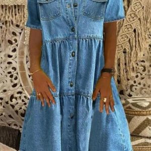Casual Ruffle Denim Shirt Dress Urban Commuter Vacation Women's Clothing, Denim Dresses, color:Deep Blue|size:3XL, JustFashionNow