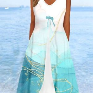 V Neck Elegant Ombre Dress, Midi, color:Blue|size:XXL, Noracora