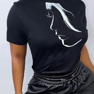 Casual Loose Face Print Crew Neck T-Shirt, Tees, color:Black|size:XXL, Stylewe