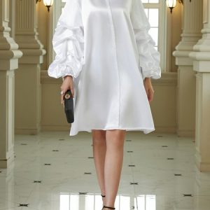 Plain Regular Fit Elegant Stand Collar Party Dress, Mini Dresses, color:White|size:XXL, Stylewe