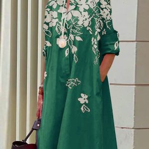 Pocket Stitching Urban Shirt Collar Floral Dress, Midi Dresses, color:Green|size:XXL, Stylewe