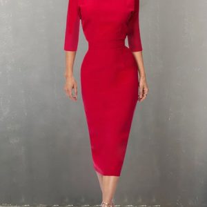 Three Quarter Sleeve Elegant Boat Neck Regular Fit Dress, Midi Dresses, color:Red|size:XXL, Stylewe