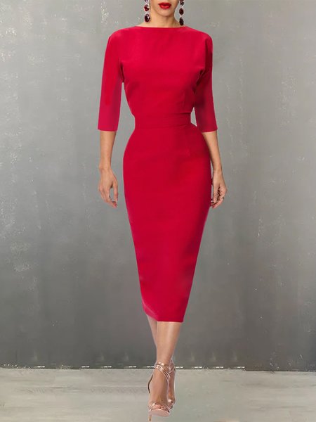 Three Quarter Sleeve Elegant Boat Neck Regular Fit Dress, Midi Dresses, color:Red|size:XXL, Stylewe