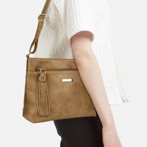 Casual Khaki Tassel Zip Square Shoulder Bag, Women's Bags, color:Khaki|size:One-size, JustFashionNow