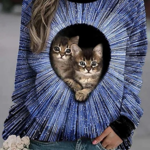 Casual Crew Neck Cat Loose Sweatshirt, Sweatshirts & Hoodies, color:Blue|size:XXL, JustFashionNow