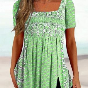Casual Square Neck Regular Fit Floral Shirt, Shirts & Blouses, color:Green|size:XXL, JustFashionNow
