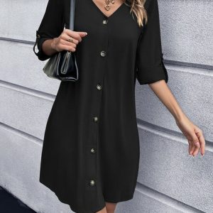 Women Plain Crew Neck Long Sleeve Comfy Casual Buttoned Midi Dress, Midi, color:Black|size:XL, Noracora