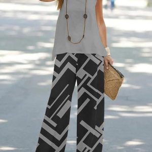 Geometric Simple Crew Neck Two-Piece Set, Sets, color:Gray|size:XXL, Noracora