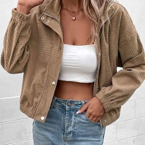 Half Turtleneck Long Sleeve Plain Zipper Regular Loose Jacket For Women, Jackets, color:Brown|size:XL, Noracora