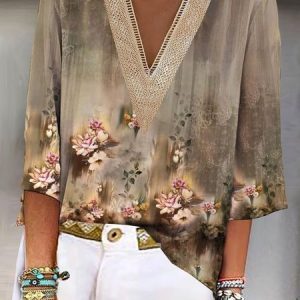Floral Printed V Neck Vacation Lace Blouses, Blouses, color:Khaki|size:XXL, Noracora