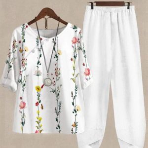 Casual Floral Crew Neck Loose Two-Piece Set, Suit Set, color:White|size:XXL, JustFashionNow