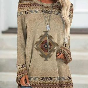 Geometric Loose Casual Long sleeve Top, T-shirts, color:Khaki|size:3XL, Noracora