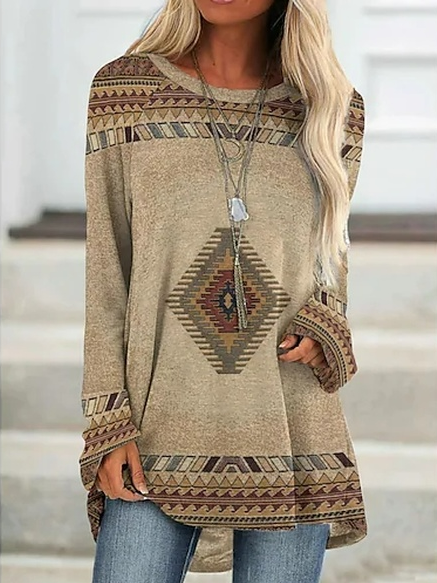 JFN Women Khaki Round Neck Tribal Loosen Tunic Top, T-Shirts, color:Khaki|size:3XL, JustFashionNow