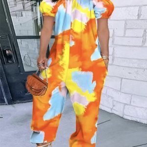 Gradient Pattern Casual Cold Shoulder Jumpsuit, Jumpsuits, color:As Picture|size:XXL, Stylewe