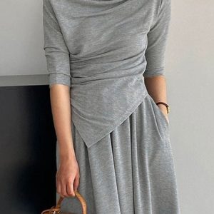 Regular Fit Cowl Neck Ruched Elegant T-Shirt, Tees, color:Gray|size:XXL, Stylewe