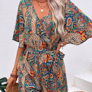Ethnic Loose V Neck Vacation Paisley Print Butterfly Sleeve Belted Romper, Jumpsuits＆Rompers, color:Brown|size:XXL, JustFashionNow