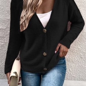 Casual Plain V Neck Regular Fit Cardigan, Sweaters, color:Black|size:L, JustFashionNow