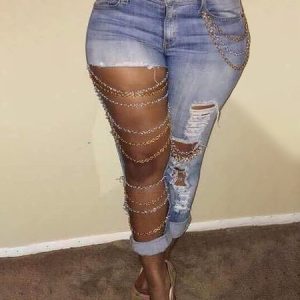 Casual Chain Decoration Ripped Women's Jeans, Jeans, color:Light Blue|size:3XL, JustFashionNow
