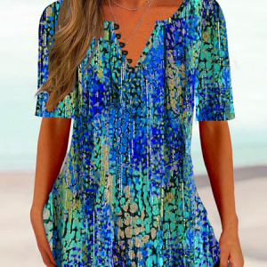 Casual Abstract Notched Buttoned Shirt, Shirts & Blouses, color:Blue|size:XXL, JustFashionNow