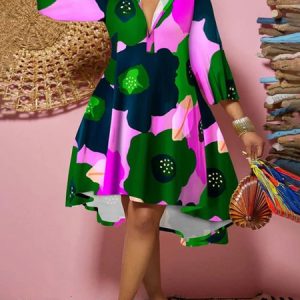 Shirt Collar Urban Loose Three Quarter Sleeve Dress, Midi Dresses, color:flower|size:XXL, Stylewe