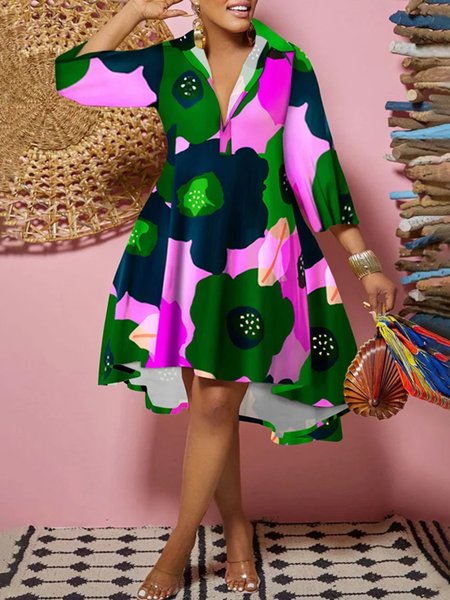 Shirt Collar Urban Loose Three Quarter Sleeve Dress, Midi Dresses, color:flower|size:XXL, Stylewe