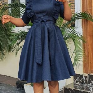 Crew Neck Denim Plain Elegant Denim Dress, Midi Dresses, color:Blue|size:XXL, Stylewe