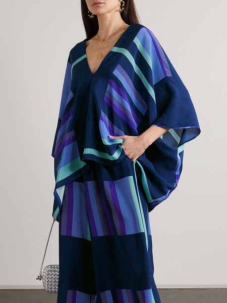 Geometric Vacation V Neck Loose Shirt, Blouses and Shirts, color:Blue|size:XXL, Stylewe