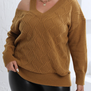 Casual Plain Sweater, TOPS, color:Camel|size:3X, Noracora