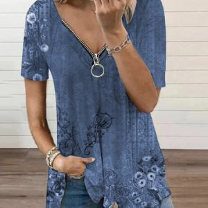 Zipper Floral V Neck Casual T-Shirt, Shirts & Blouses, color:Blue|size:XS, JustFashionNow
