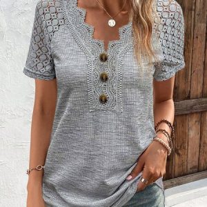 Casual V Neck Lace Regular Fit T-Shirt, T-Shirts, color:Gray|size:4X, JustFashionNow