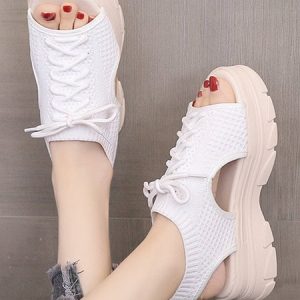 Lace-up High Elastic Platform Flyweave Sports Sandals, Sandals, color:White|size:40, JustFashionNow