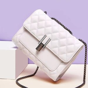 Check Embossed Metal Snap Buckle Urban Chain Small Square Bag, Women's Bags, color:White|size:One-size, JustFashionNow