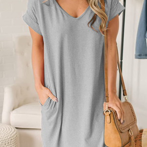 Women’s Plain Casual Loose V Neck Dress, color:Gray|size:3XL, Lilicloth.com