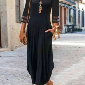 Casual Plain Jersey Patchwork Mesh Pockets Dress, Maxi, color:Black|size:XXL, Noracora