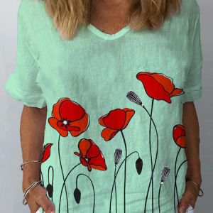 Linen V Neck Cotton And Linen Shirt, Shirts & Blouses, color:Green|size:XXL, JustFashionNow