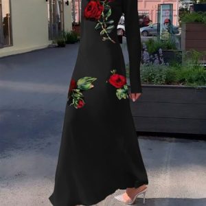 Floral Elegant Crew Neck Maxi Dress With No Belt, Maxi Dresses, color:Black|size:XXL, Stylewe