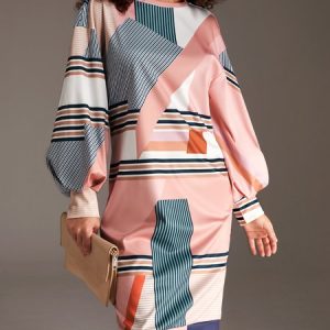 Elegant Daily Regular Fit Crew Neck Colorblock Dress, Dresses, color:Pink|size:XXL, Stylewe