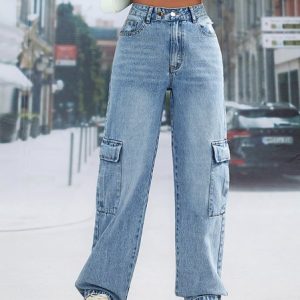 Casual Plain Loose Cargo Pants, Denim&Jeans, color:Blue|size:XL, Noracora