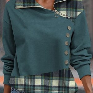 Casual Color Block Plaid Regular Fit Zipper Turtleneck Sweatshirt, Sweatshirts & Hoodies, color:Green|size:XXL, JustFashionNow