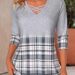 Casual Plaid V Neck Long Sleeve T-shirt, T-shirts, color:Gray|size:XXL, Noracora