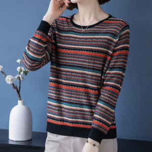 Women Yarn/Wool Yarn Striped Long Sleeve Comfy Casual Sweater, Sweaters, color:Black|size:One-size, Noracora