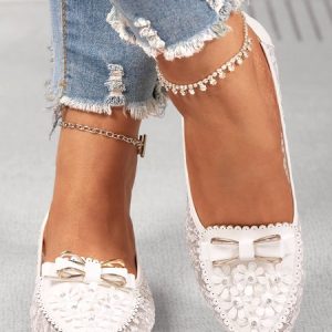 Elegant Applique Bowknot Decor Wedding Bridal Shoes Lace Split Joint Ballet Flats, Flats, color:White|size:40, JustFashionNow