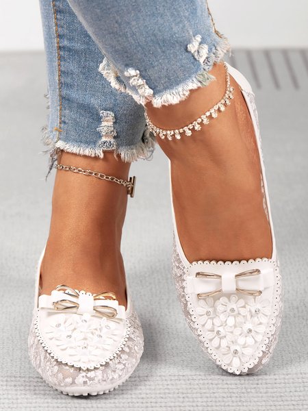 Elegant Applique Bowknot Decor Wedding Bridal Shoes Lace Split Joint Ballet Flats, Flats, color:White|size:40, JustFashionNow