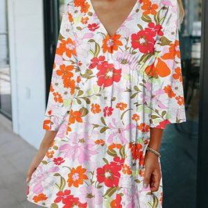 V Neck Vacation High Waist Floral Dress, Short, color:Orange Red|size:XL, Noracora