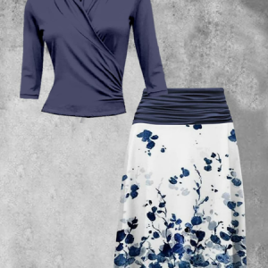 V Neck Regular Fit Plain Casual Two-Piece Set, Suit Set, color:Dark Blue|size:XXL, JustFashionNow