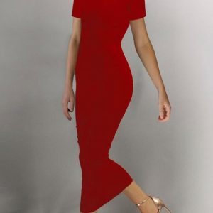 Tight Elegant Boat Neck Plain Midi Dress With No Belt, Midi Dresses, color:Red|size:XXL, Stylewe