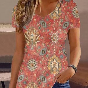 V Neck Ethnic Vintage Regular Fit Shirt, Shirts & Blouses, color:Red|size:XXL, JustFashionNow