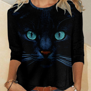 Women's 3D Black Cat Art Print Crew Neck Cat Casual Regular Fit Shirt, color:As Picture|size:5XL, Lilicloth.com